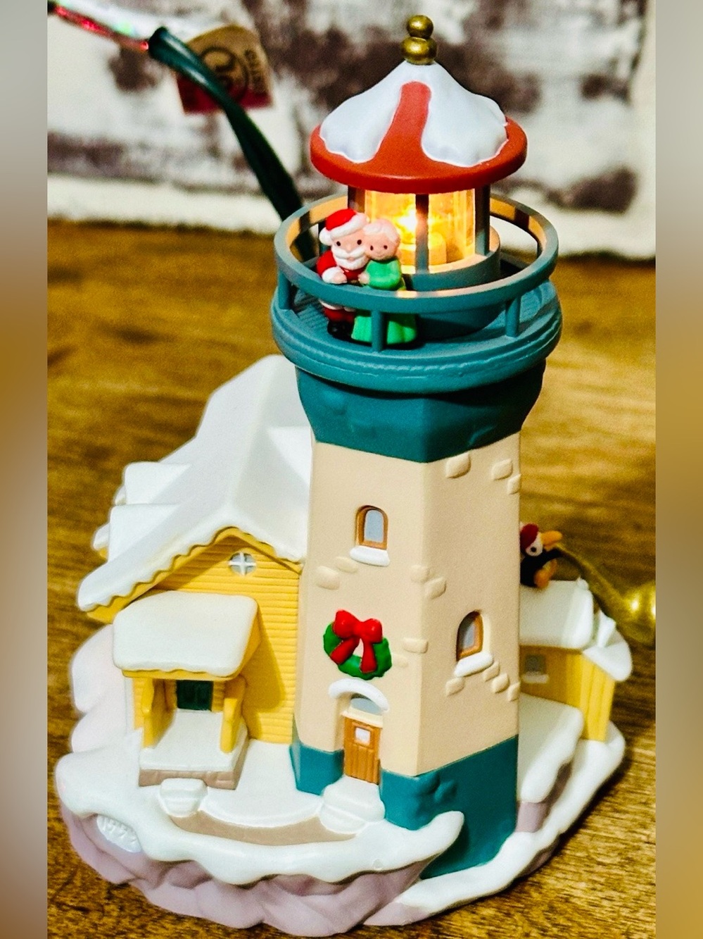 Holiday Lighthouse Decorative Figurine - Teal, Cream & Red Hallmark Ornament